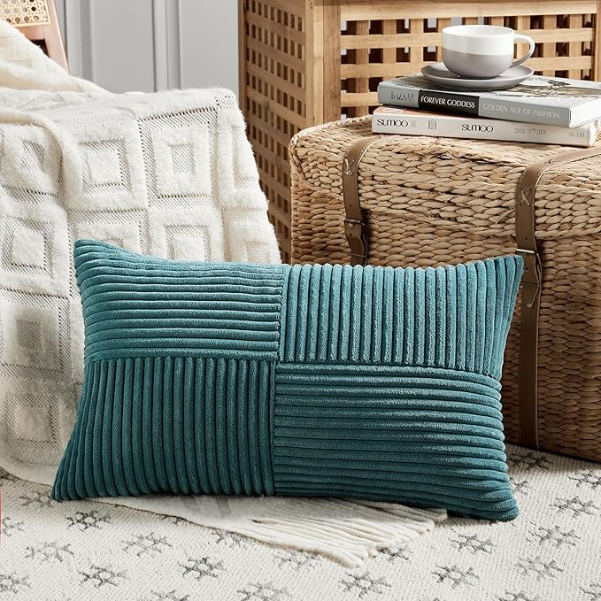 Fancy Homi 2 Packs Teal Lumbar Decorative Throw Pillow Covers 14x22 Inch for Living Room Couch Bed Sofa, Rustic Farmhouse Boho Home Decor, Soft Striped Corduroy Rectangle Accent Cushion Case 35x55 cm