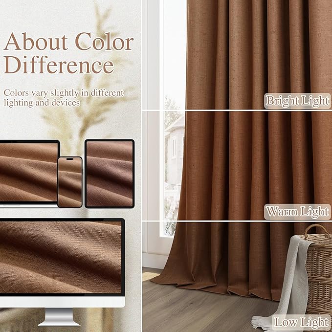 Guken Caramel Brown 100% Blackout Linen Curtains 72 Inch Length 2 Panels Set for Living Room Bedroom Back Tab/Rod Pocket Thermal Insulated Black Out Drapes Room Darkening Farmhouse Window Curtains