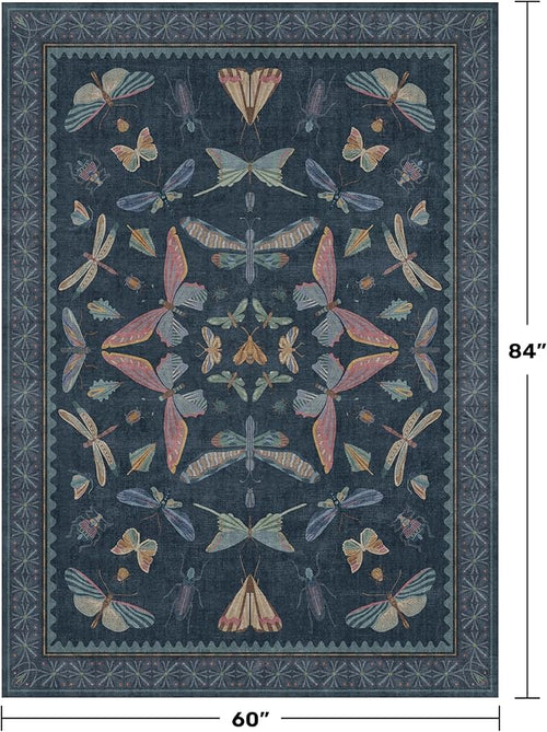 5x7 Navy Blue Boho Rugs for Living Room, Stain Resistant Non Slip Area Rug for Dining Room, Whimsical Bedroom Insect Carpet, Dark Vintage Décor Indoor, Low Pile & Soft