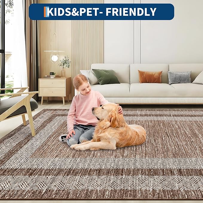GarveeHome Area Rug 8x10 Modern Geometric Living Room Rug Non Slip, Thin Washable Carpet, Soft Non Shedding Foldable Floor Covering, Low Pile Thin Printed Mats for Bedroom Office, Brown