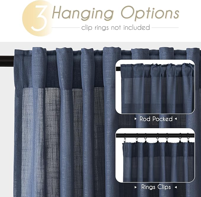 Navy Blue Curtains 63 inch Length for Bedroom Back Tab Light Filtering Semi Sheer Blue Living Room Curtains Linen Cotton Textured Indigo Blue Drapery Panel Modern Farmhouse Aesthetic Decor Dark Blue