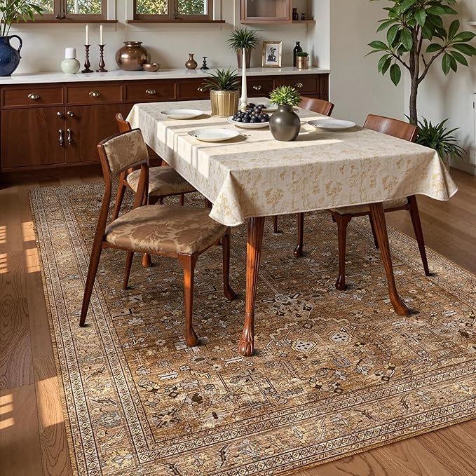 Washable Area Rug 6' x 9' Vintage Traditional Persian Mat - Foldable Distressed Non-Slip Machine Washable Carpet for Living Room Bedroom Kitchen Home Decor - Bronze and Ivory