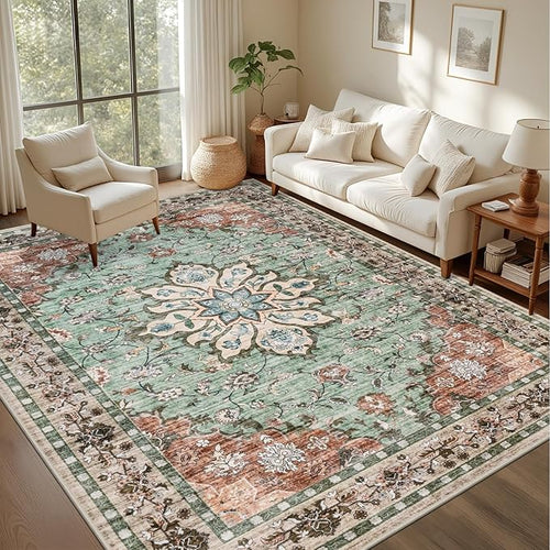Area Rugs 10x12 Living Room Rug: Washable Rug Soft Vintage Distressed Floral Carpet Indoor Non-Slip Stain Resistant Large Carpets for Bedroom Dining Room Farmhouse Nursery Home Office Brown Green