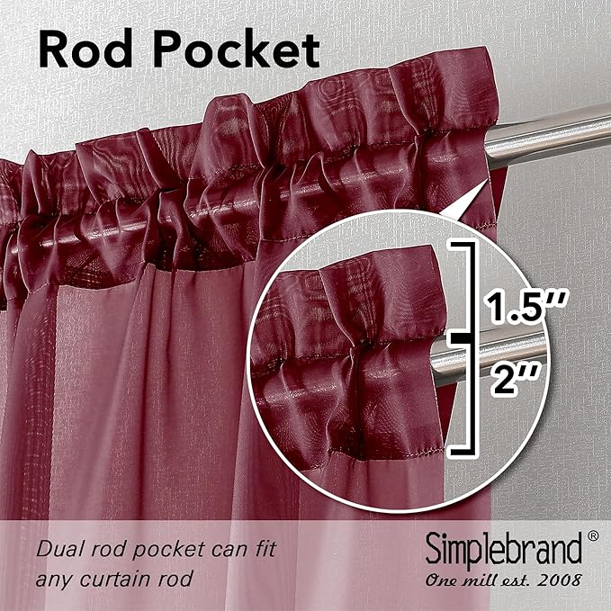 Simplebrand Rod Pocket Top Solid Voile Sheer Curtains for Bedroom, 54 Inch Length Drapes Set of 2, Lightweight and Light Filtering Elegant Red Curtains Panels Window Treatment, 42W×54L, Burgundy
