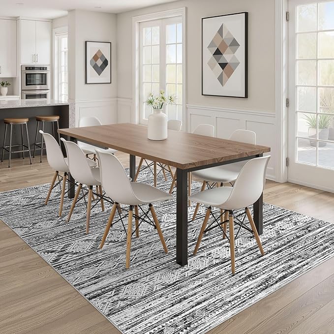 Nakagishi 8x10 Area Rugs Living Room: Washable Large Neutral Soft Rug Stain Resistant Non-Slip Carpet for Men Modern Home Enthusiasts Aged 25-45 - High Traffic Areas - Bedroom Office - Black White