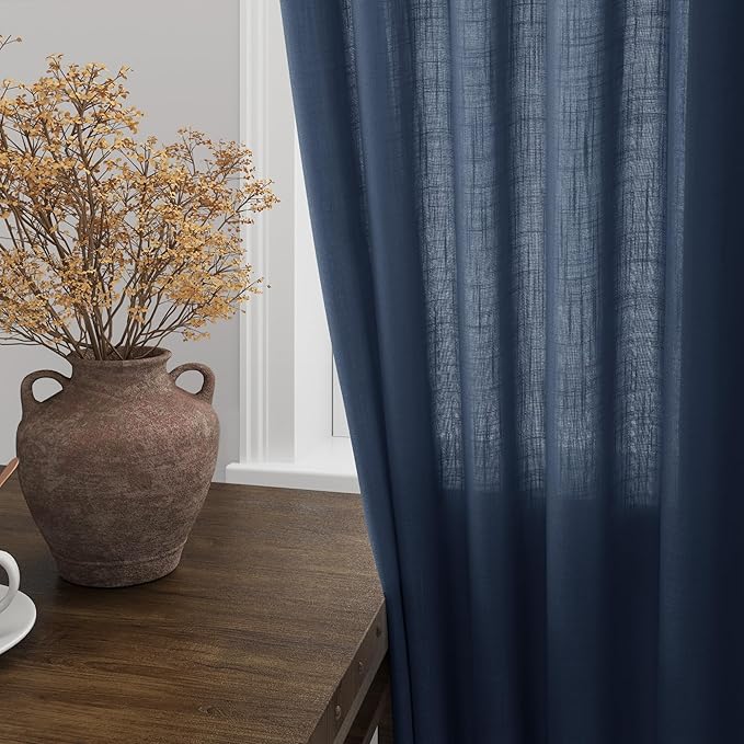 Denim Blue Linen Curtains 102 Inches Long Rod Pocket Back Tab Drapes 2 Panels Set for Living Room Sheer Light Filtering Semi Sheer Denim Blue Curtain 102 Length for Patio Sliding Glass Door 52x102