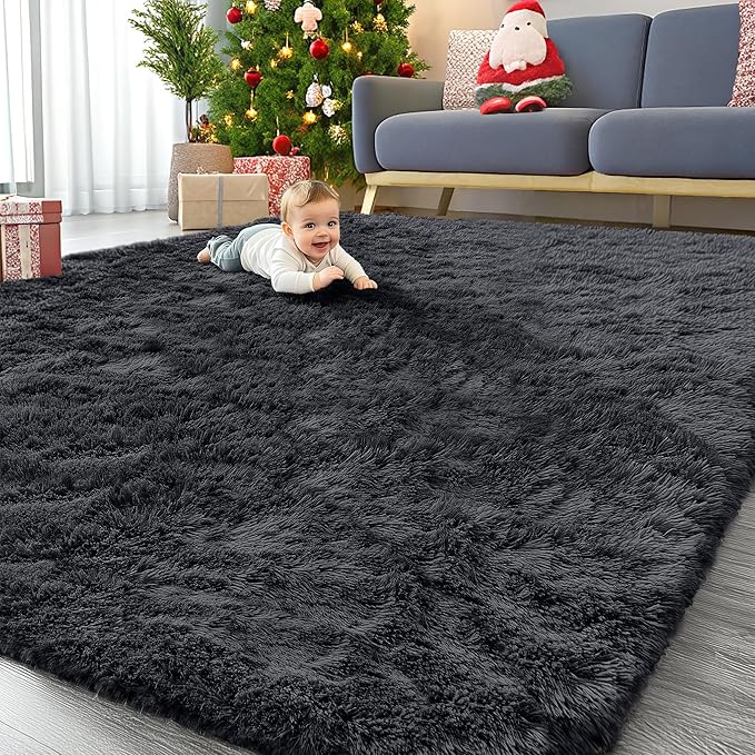 OLANLY 10x10 Machine Washable Large Area Rugs for Living Room, Bedroom, Soft Fluffy Shaggy Bedside Rug, Indoor Floor Carpet for Kids Girls and Boys, Dorms, Nursery, Home Decor Aesthetic, Black