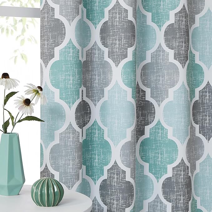 Beauoop Blackout Window Valances Curtains Geometric Quatrefoil Trellis Printed Room Darkening Thermal Insulated Rod Pocket Short Valance Curtains Cafe Bathroom, Spa/Gray, 50" W x 18" L, 1 Panel
