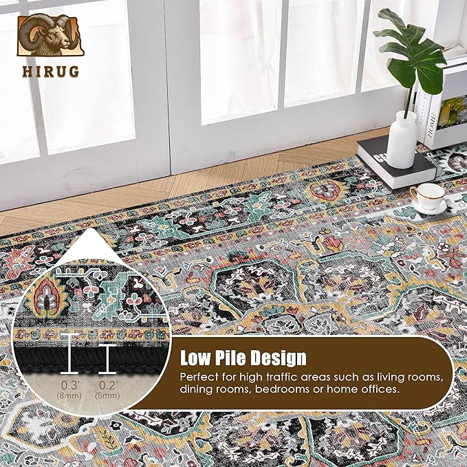 Washable Area Rug 8' x 10' Vintage Traditional Persian Mat - Foldable Distressed Non-Slip Machine Washable Carpet for Living Room Bedroom Kitchen Home Decor - Slate and Multicolor