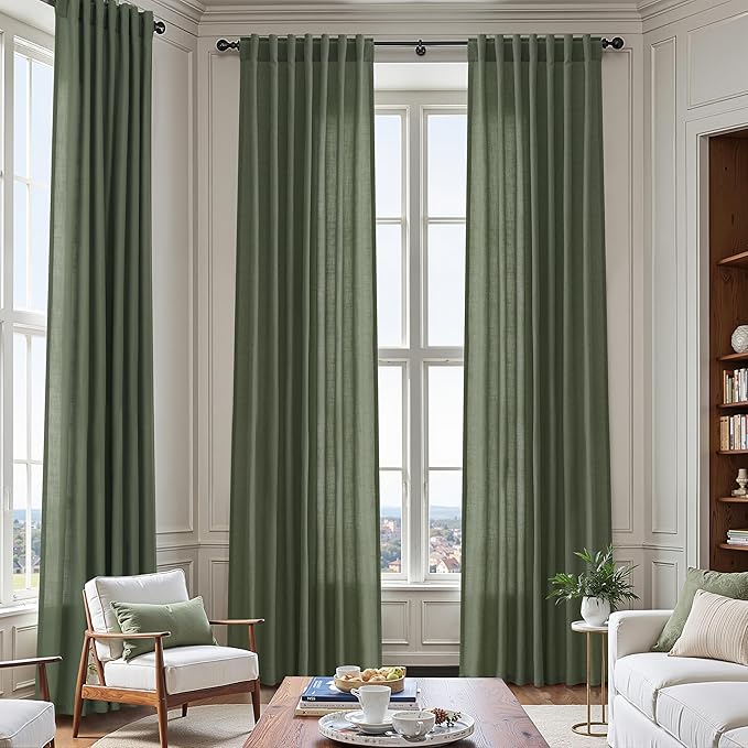 140 Inch Extra Long Curtain for Floor to Ceiling High Window Olive Green Linen Back Tab Curtains for Living Room Filtered and Breathable Semi Sheer Drapes Modern Farmhouse Boho Decor 52x140,2PCS