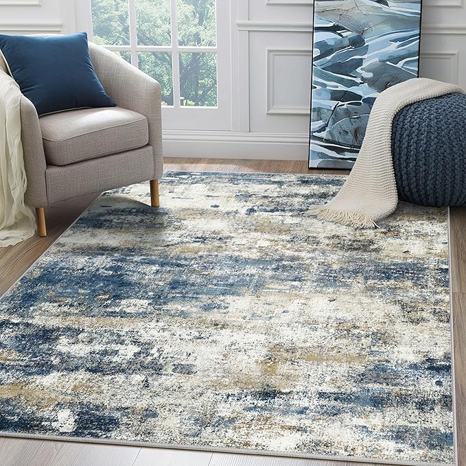 BEIMO Area Rugs 6x9 for Living Room Bedroom, Modern Abstract Machine Washable Rug, Large Soft Low Pile Floor Carpet with Non Slip Backing for Dining Room, Navy Blue Beige