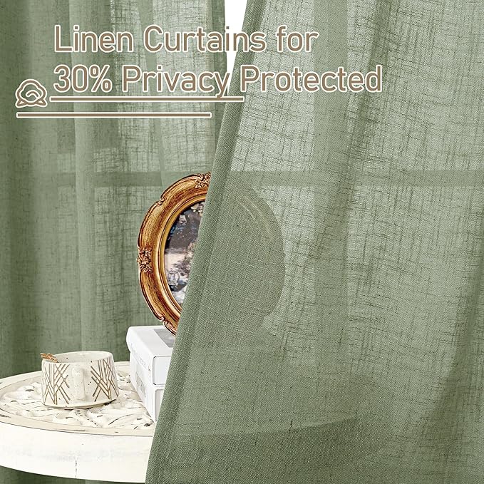 LAMIT Semi Sheer Linen Curtains 36 Inch Length for Cafe, Light Filtering Panels Back Tab and Rod Pocket Neutral Drapes for Bathroom/Kitchen/Loft Room, 25 x 36 Inch, 2 Panels