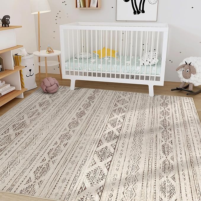 Nakagishi 7x9 Area Rug Living Room: Washable Boho Large Neutral Soft Farmhouse Modern Rugs Stain Resistant Moroccan Non-Slip Indoor Carpet for Bedroom Nursery Kids Office Dining Room- Dark Brown