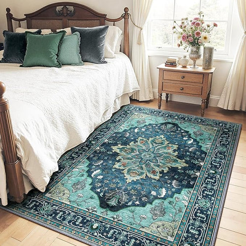 Area Rugs 5'x7' Washable Non-Slip, Floral Vintage Distress Print Pattern Medallion Carpet for Living Room Bedroom Dining Room, Teal Green Lake Blue Turquoise