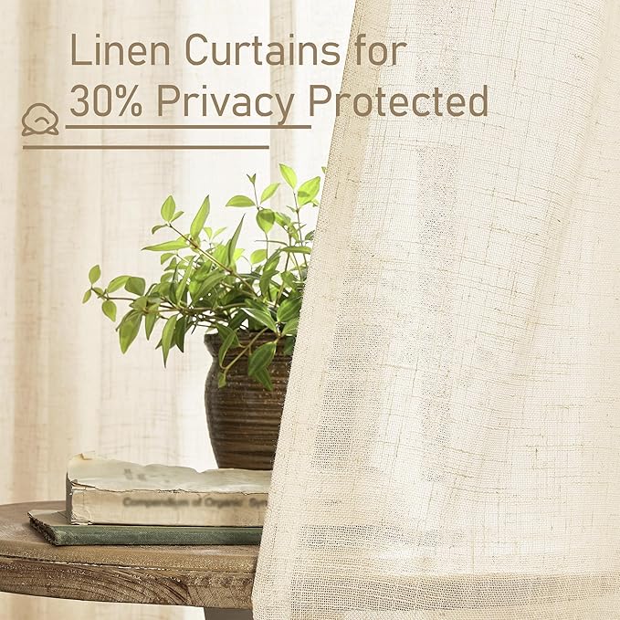 LAMIT Beige Linen Curtains for Living Room 2 Panels Set, 84 Inch Faux Linen Textured Light Filtering Drapes Back Tab and Rod Pocket Boho Panels for Farmhouse/Bedroom/Porch, 52 x 84 Inch