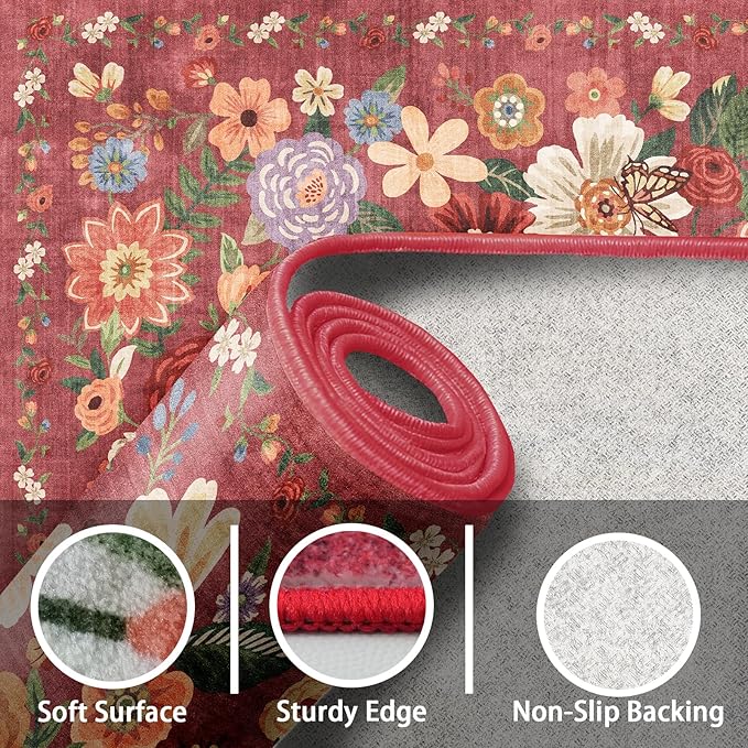 Area Rugs 10x14 Living Room, Non Slip Machine Washable Floral Rugs, Low Pile Lightweight Large Rug for Bedroom, Dining Room, Home Office(10 x 14, Red Garden)