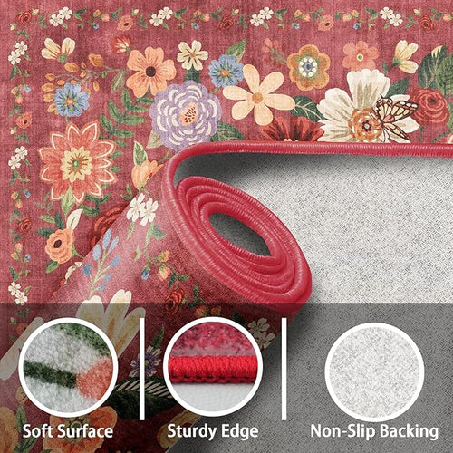 Area Rugs 9x12 Living Room Washable Rug Non Slip Floral Low Pile Large Rug for Living Room, Bedroom, Farmhouse, Dining Room, Kids Playroom(9 x 12, Red Garden)