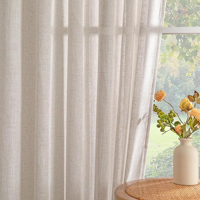 MYSKY HOME Natural Linen Curtains 24 Inch Long for Kitchen, Semi Sheer Light Filtering Window Panels Rod Pocket Valance Neutral Drapes for Small Window/Cafe/Bathroom Basement, 2 Panels, 34 x 24 Inch