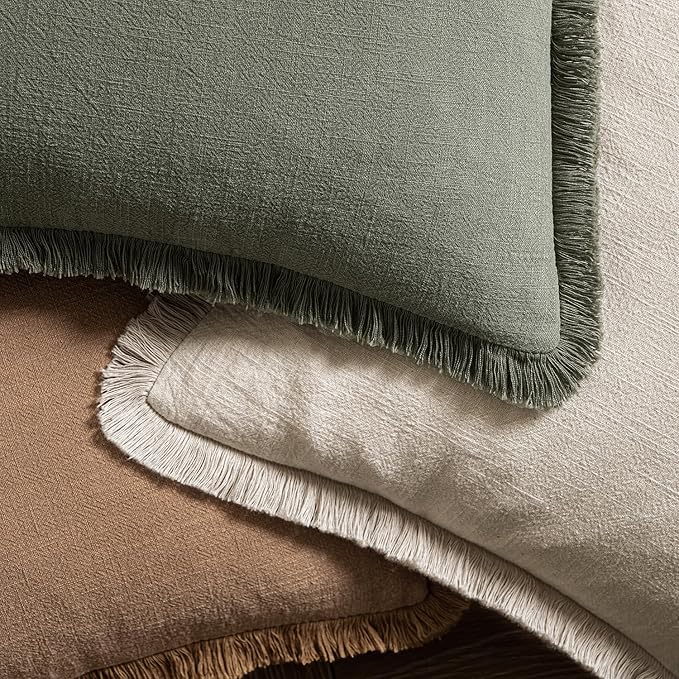MIULEE Decorative Throw Pillow Covers Neutral Linen Fringe Throw Pillows Euro Shams Set of 2 Brown Boho Farmhouse Cushion Covers for Couch Sofa Bed Living Room Spring Home Decor 24x24 Inch