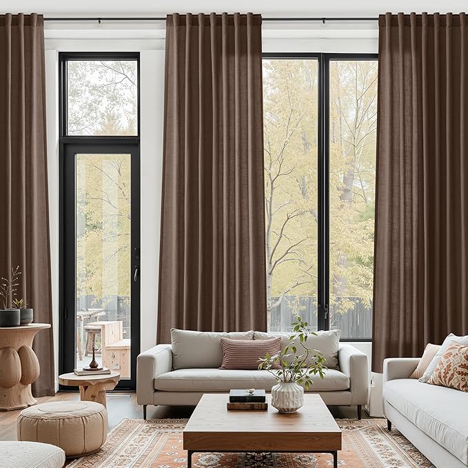 Cappuccino Linen Curtains 80 Inch Length for Living Room Light Filtering Semi Sheer Curtain Back Tab Rod Pocket Luxury Modern Rustic Home Decor Neutral Drapes for Bedroom Dinner Room 52x80, 2 Panels