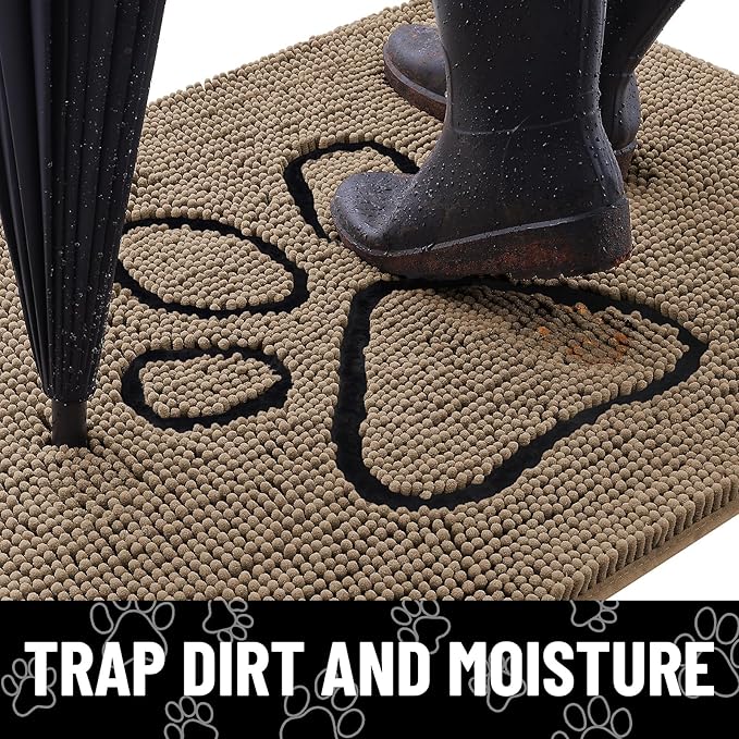 Smiry Dog Door Mat for Muddy Paws, Absorbent Dirt Trapper Non Slip Quick Dry Washable Chenille Mat for Mud Dogs, Entry Rug for Indoor and Outdoor (30x20 Inches, Camel and Black)