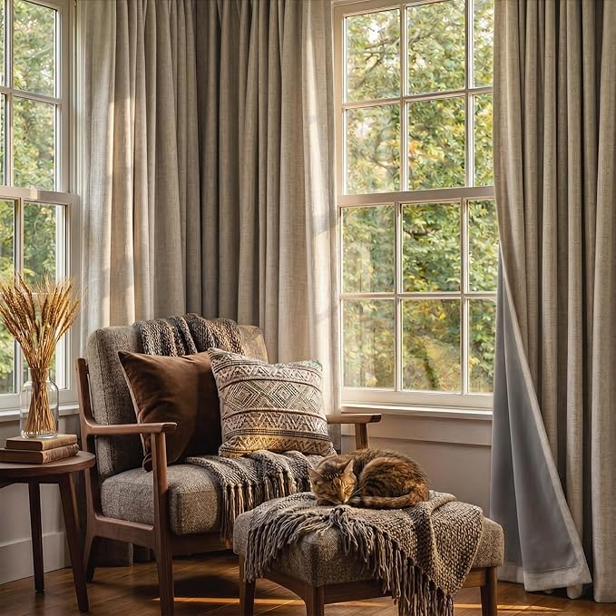 RYB HOME Linen Textured 100% Blackout Curtains for Bedroom, Insulating Energy Saving Window Curtains for Living Room Dining Patio Sliding Glass Door, Wide 52 x Long 108 inch, Burlap, 2 Panels