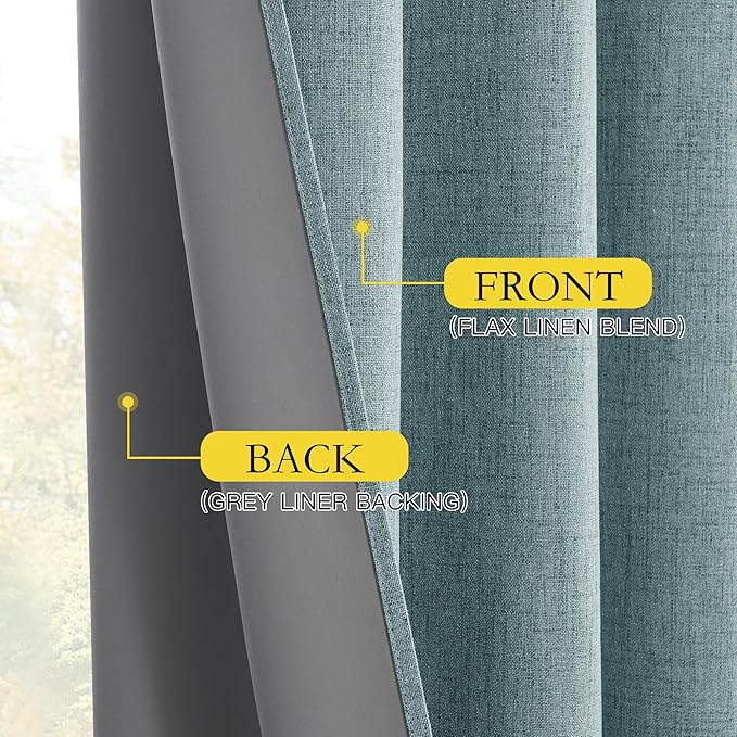 NICETOWN 100% Absolutely Blackout Linen Curtains with Thermal Insulated White Liner, Skylark Blue, 52 inches Wide, 90 inches Length Energy Saving Curtains for Living Room 2 Panels Set, Vertical Blinds