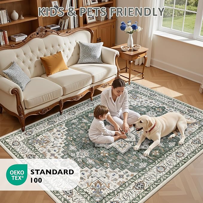 Area Rugs 9x12 Living Room Rug: Washable Rug Soft Vintage Boho Medallion Carpet Indoor Non-Slip Stain Resistant Large Carpets for Bedroom Dining Room Farmhouse Nursery Home Office Green Ivory