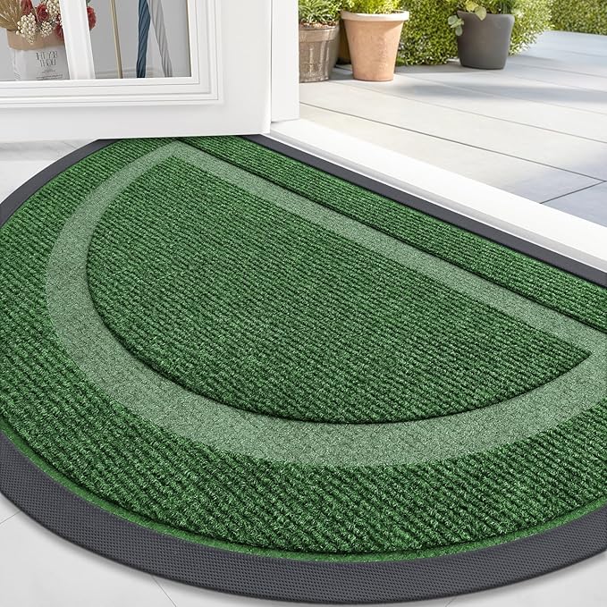 OLANLY Half Circle Door Mat Indoor Outdoor Entrance Welcome, Waterproof All-Season, All-Weather Doormat, Sturdy Natural Rubber, Low Profile, Easy Clean Patio Porch Entryway Mat, 47x23, Green