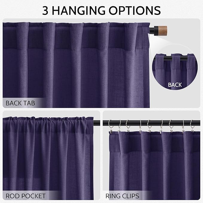 Purple Curtains 63 Inches Long 2 Panel Sets for Living Room Bedroom, Light Filtering Linen Drapes for Kitchen Windows Rod Pocket or Back Tab Curtain,Semi Sheer 52x63