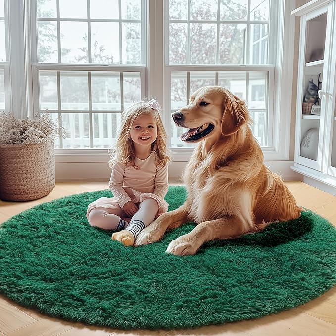 ONASAR Dark Green Round Area Rugs 5ft, Fluffy Soft Bedroom Circle Rug for Kids Girls Boys Teen Room, Furry Plush Shaggy Carpet Floor Mat for Baby Nursery Living Room Playroom Dorm Home Decor