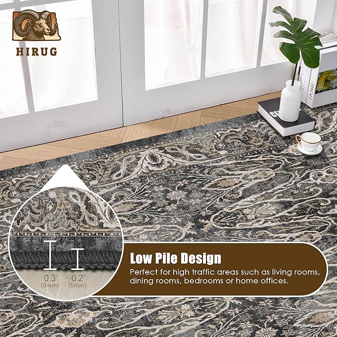 Washable Area Rug 9' x 12' Vintage Traditional Persian Mat - Foldable Distressed Non-Slip Machine Washable Carpet for Living Room Bedroom Kitchen Home Decor - Ebony and Taupe