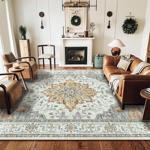 Area Rugs 8'x10' Washable Non-Slip, Floral Vintage Distress Print Pattern Medallion Carpet for Living Room Bedroom Dining Room, Light Yellow Carbon Grey Orange