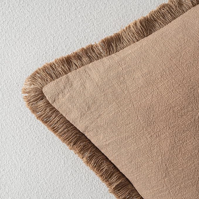 MIULEE Decorative Throw Pillow Covers Neutral Linen Fringe Throw Pillows Euro Shams Set of 2 Brown Boho Farmhouse Cushion Covers for Couch Sofa Bed Living Room Spring Home Decor 24x24 Inch