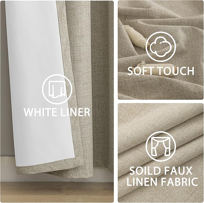 Yakamok Natural Linen Curtains 100% Blackout 96 Inches Long,Room Darkening Textured Curtains for Living Room Thermal Grommet Bedroom Curtains 2 Panels with Greyish White Liner