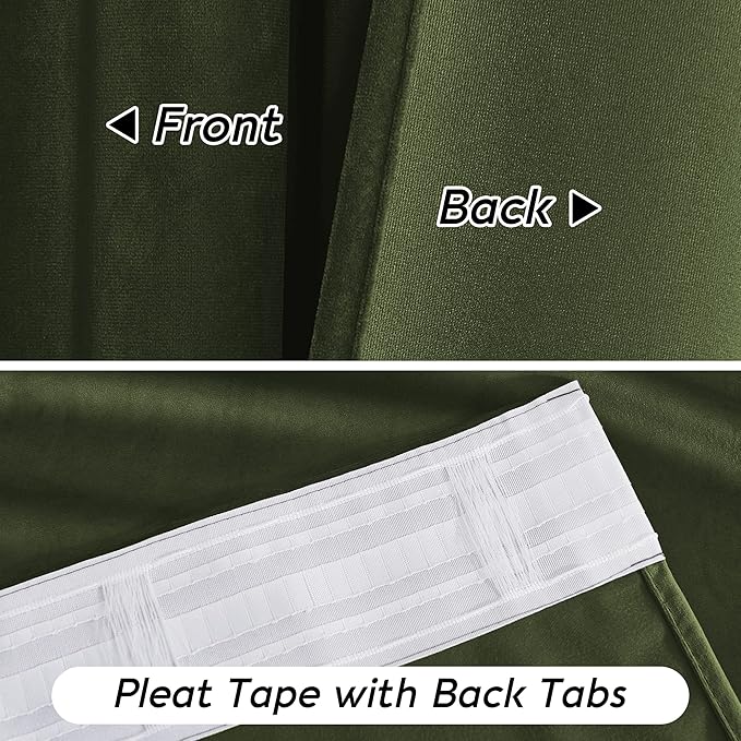 RYB HOME Green Velvet Curtains 84 inch, Solid Room Darkening Window Curtains for Living Room Light & Draft Block Privacy Backdrop with Pleat Tape Pocket& Tabs, Olive Green, W52 x L84 inch, 2 Panels