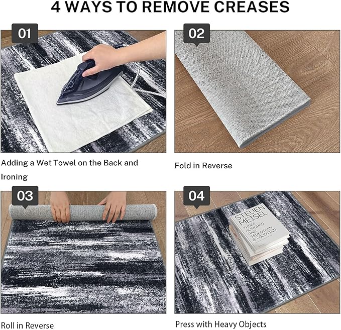 Lansny Modern Abstract Runner Rug 2x5, Black Grey Washable Kitchen Runner Entryway Rug Mat Non-Slip Soft Hallway Rug Runner Thin Print Faux Wool Carpet for Bedroom Laundry Room Indoor