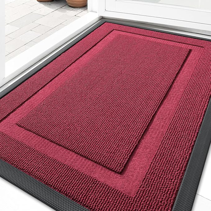OLANLY Front Door Mat Indoor Outdoor Entrance, Waterproof All-Season, All-Weather Doormat, Sturdy Natural Rubber, Low Profile, Easy Clean Patio Porch Entryway Mat, 35x23, Burgundy