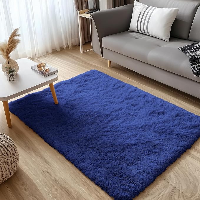 OLANLY 3x4 Machine Washable Accent Rug, Soft Fluffy Shaggy Area Rug for Bedroom, Living Room, Indoor Floor Carpet for Kids, Nursery, Home Decor, Navy Blue
