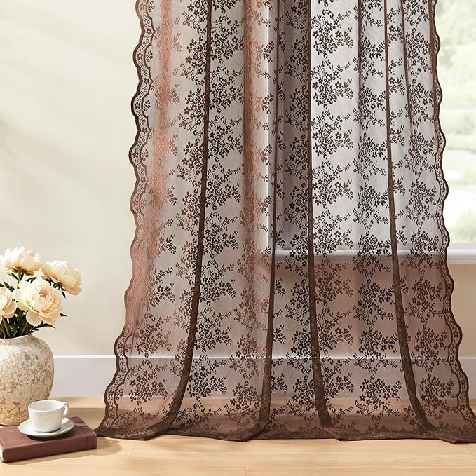 YJ YANJUN Vintage Lace Curtains 72 Inches Long- Country Brown Floral Curtains for Home Office Living Room 2 Panels, Earthy Embroidered Texture, Privacy Rustic Cottage Core Neutral Decor W52 X L72