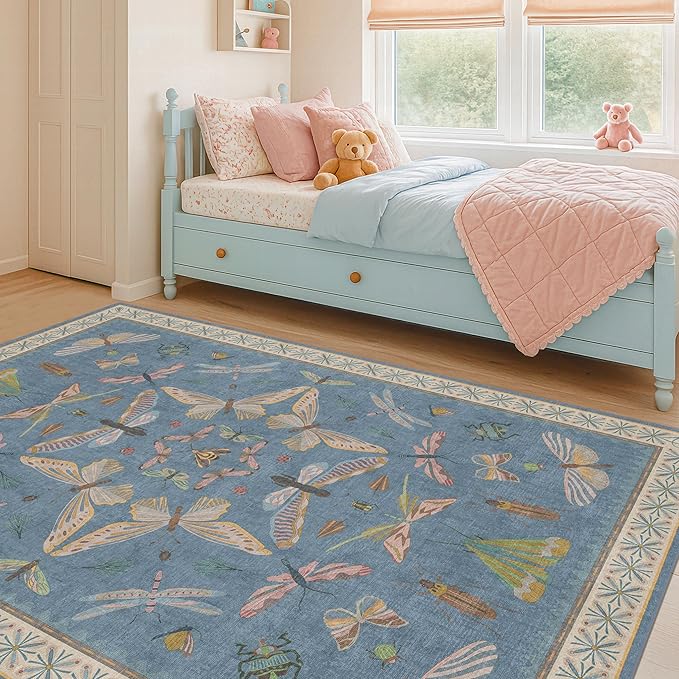 Washable 4x6 Small Rug for Living Room, Area Rug for Kitchen, Bedside, Large Entryway Indoor - Stain Resistant Non Slip with Rubber Backing, Insect Print Aethestic Décor, Light Blue & Aqua