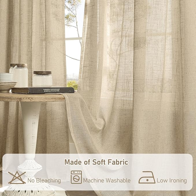 LAMIT 84 Inch Long Linen Curtains for Living Room 2 Panels Set, Light Filtering Semi Sheer Curtains Back Tab and Rod Pocket Neutral Panels for Bedroom, Brown, 60 x 84 Inch