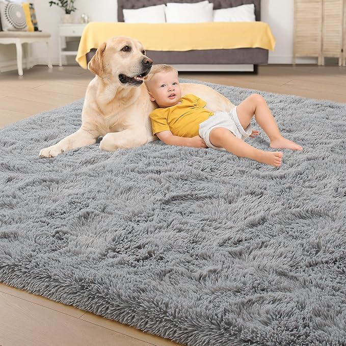 Tepook Super Soft Fluffy Rug for Bedroom, Modern Shaggy Fuzzy Kids Rugs for Living Room, Plush Indoor Nursery Home Decor Dorm Carpet with Non-Slip Bottom, Grey, 2 X 3 Feet
