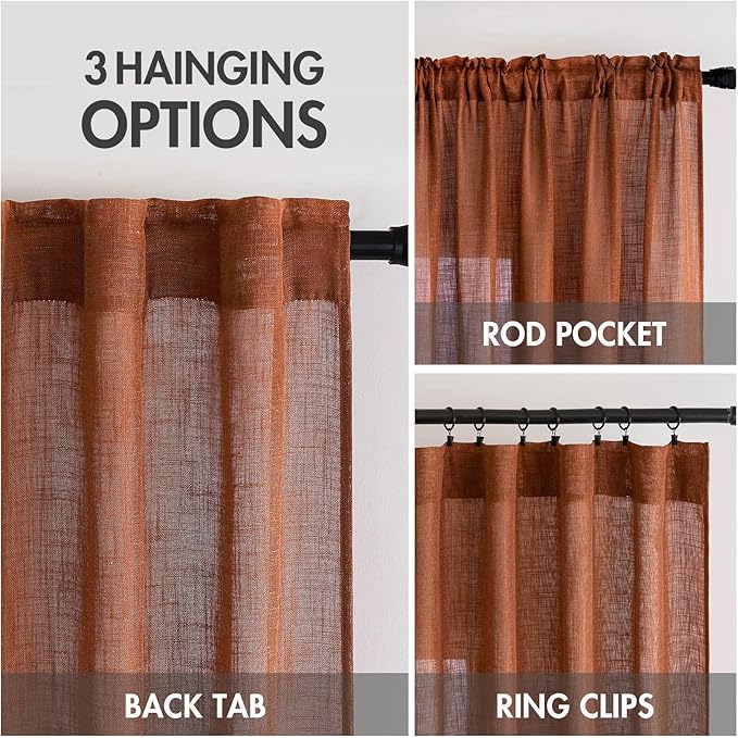 MIULEE Burnt Orange Linen Curtains 96 Inch Long for Bedroom Living Room, Soft Thick Linen Textured Window Drapes Terracotta Rust Boho Fall Decor Semi Sheer Light Filtering Back Tab 2 Panels