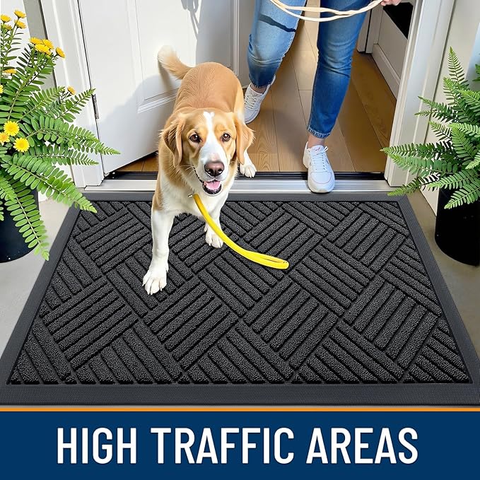 OLANLY Front Door Mat Outside Entrance 71x47, Absorbent, Heavy Duty Sturdy Natural Rubber Doormat Indoor Outdoor, Stain and Fade Resistant, Non-Slip Low Profile Floor Mat for Entryway, Black Diamond