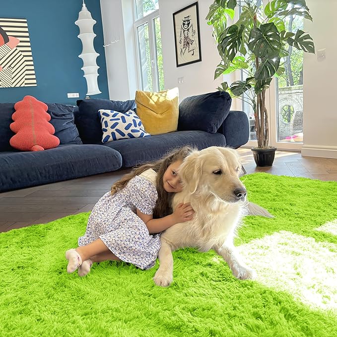 OLANLY Area Rugs for Living Room Bedroom, Machine Washable 4x5.9 ft Soft Fluffy Shaggy Bedside Rug, Indoor Floor Carpet for Kids Girls and Boys, Dorms, Nursery Rooms, Home Decor Aesthetic, Lime Green