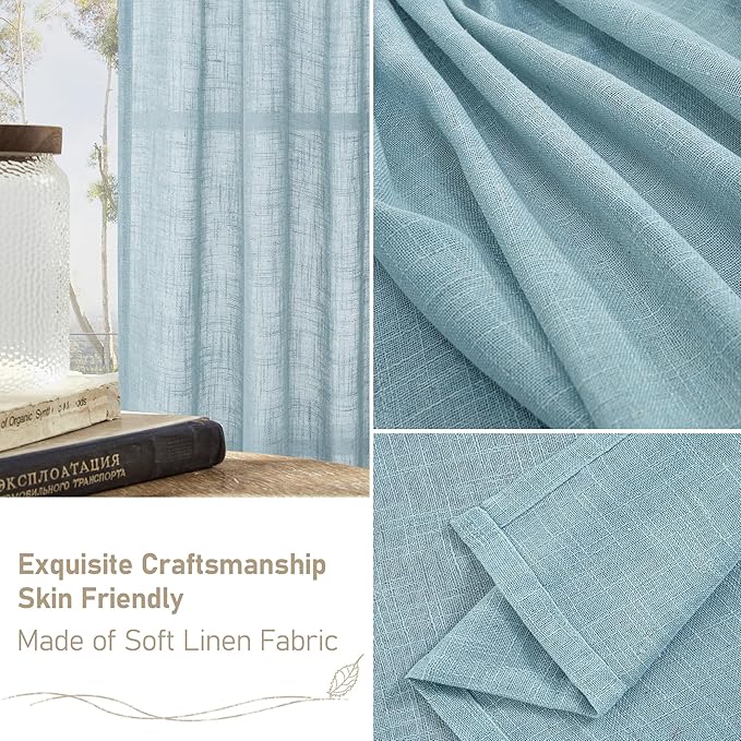 LAMIT 102 Inches Long Linen Curtains for Living Room, Back Tab and Rod Pocket Semi Sheer Curtains Light Filtering Farmhouse Drapes for Bedroom/Dining Room, Stone Blue, Set of 2, 52 x 102 Inch