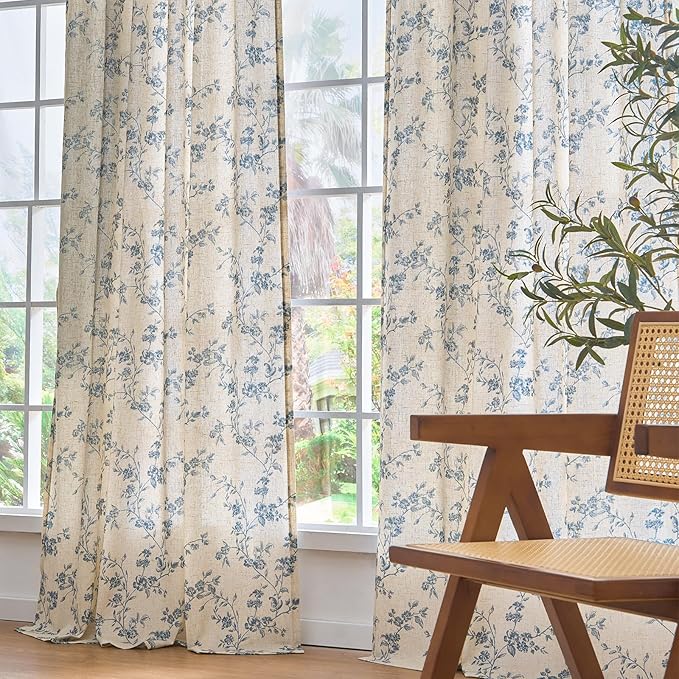 Lazzzy Blue Floral Linen Curtains 90 Inch Farmhouse Back Tab Drapes for Living Room Bedroom Light Filtering Vintage Grandmillennial Rod Pocket Curtains, 2 Panels, W38 x L90, Blue on Beige