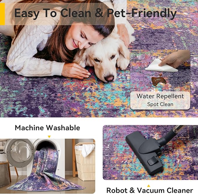 Washable Area Rugs 8ft Non-Slip Modern Abstract Soft for Living Room Entryway Bedroom Nursery, Print Pattern, Purple Orange Blue Green Rust Red Colorful