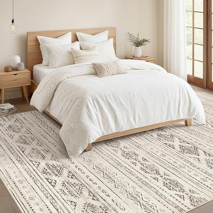 Nakagishi 7x9 Area Rug Living Room: Washable Boho Large Neutral Soft Farmhouse Modern Rugs Stain Resistant Moroccan Non-Slip Indoor Carpet for Bedroom Nursery Kids Office Dining Room- Dark Brown